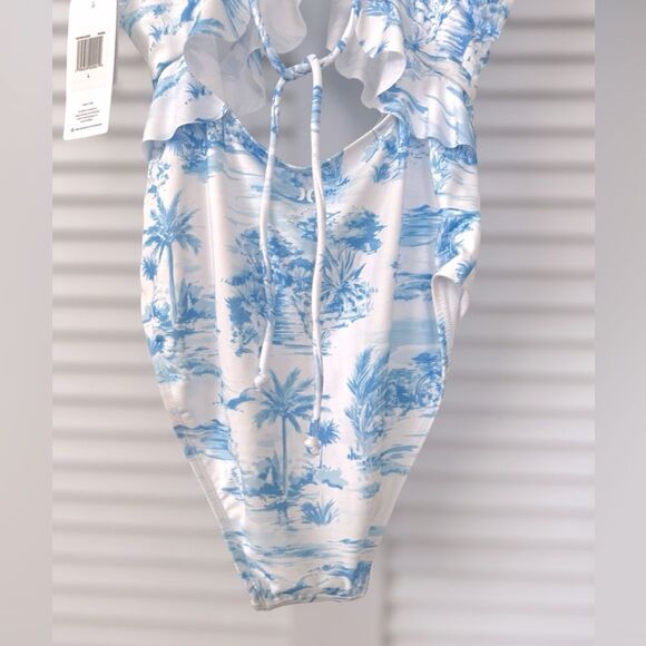HURLEY Tropical Palm Tree Blue Cutout One Piece Swimsuit Size L - Picture 8 of 15
